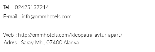 Kleopatra Aytur Apart Hotel telefon numaralar, faks, e-mail, posta adresi ve iletiim bilgileri